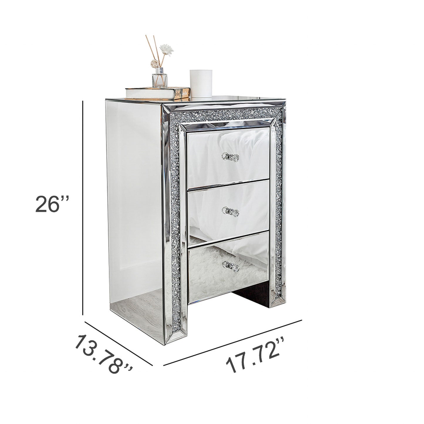 27" Silver Three Drawer Mirrored Nightstand