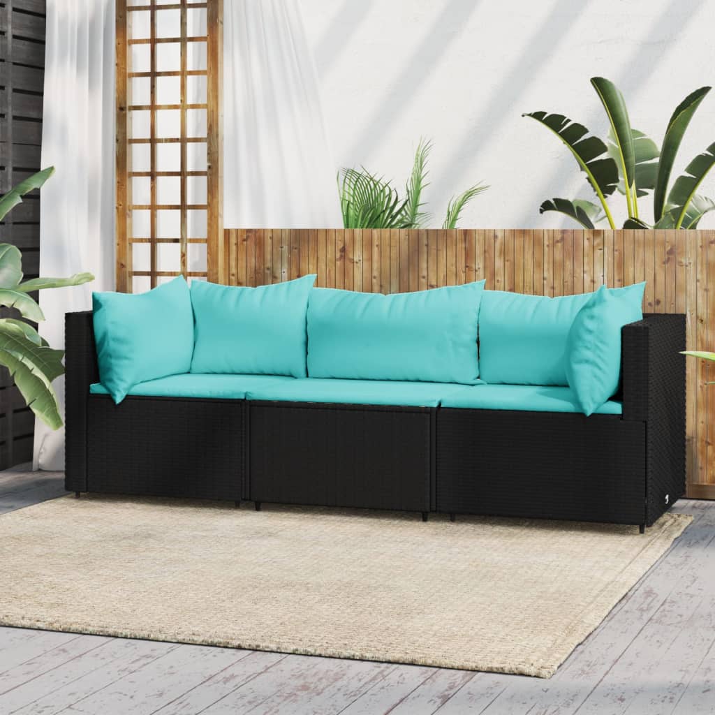 3 Piece Patio Lounge Set with Cushions Black Poly Rattan