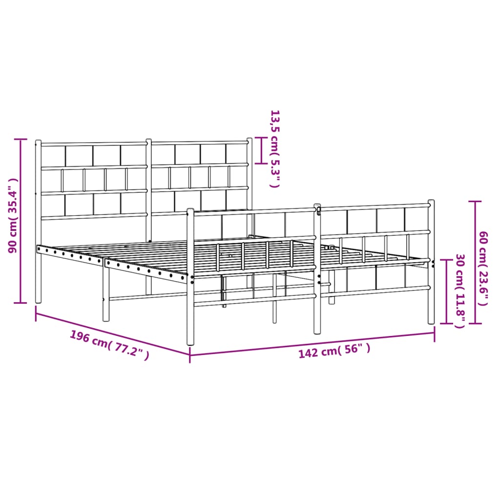 Metal Bed Frame without Mattress with Footboard White 53.1"x74.8"