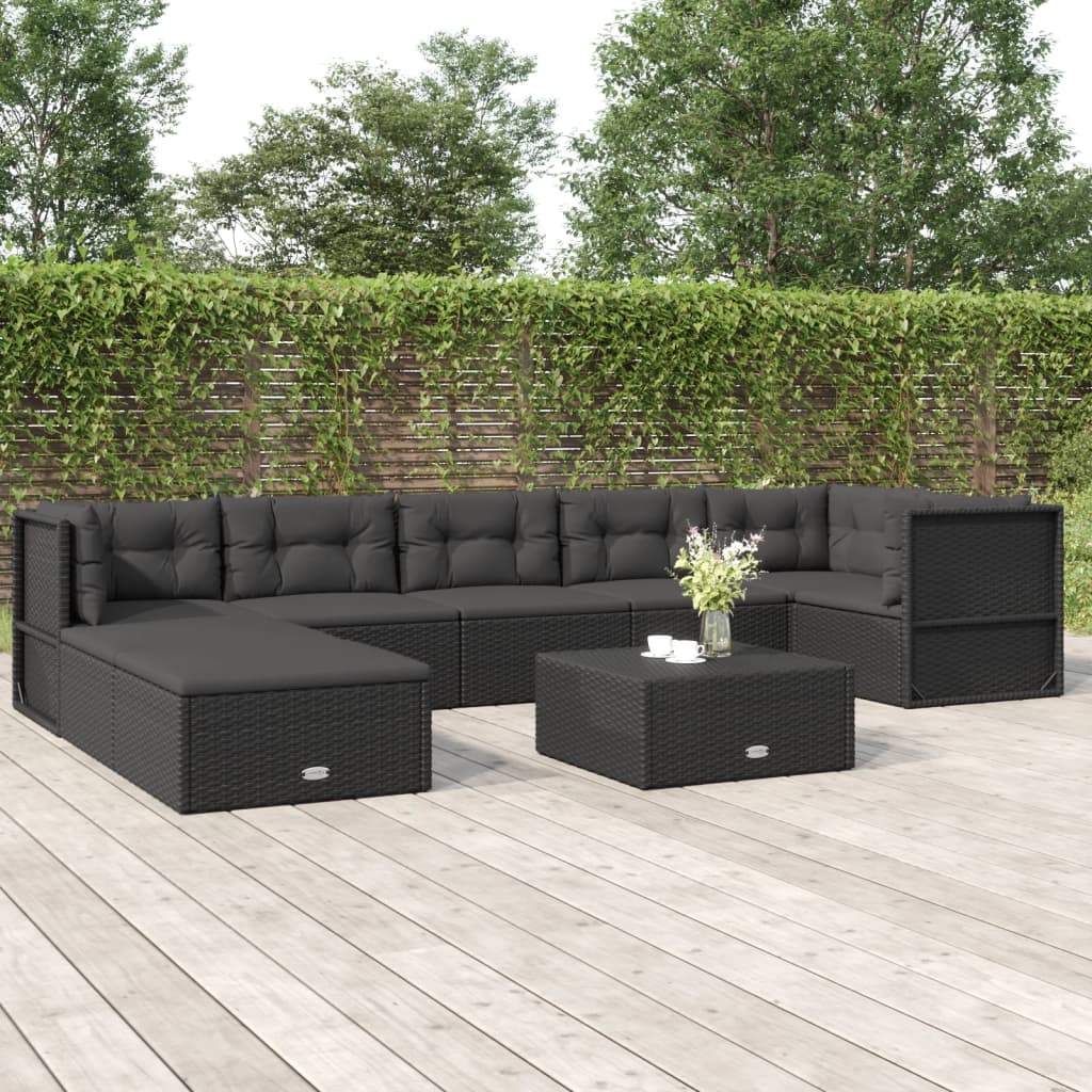 8 Piece Patio Lounge Set with Cushions Black Poly Rattan