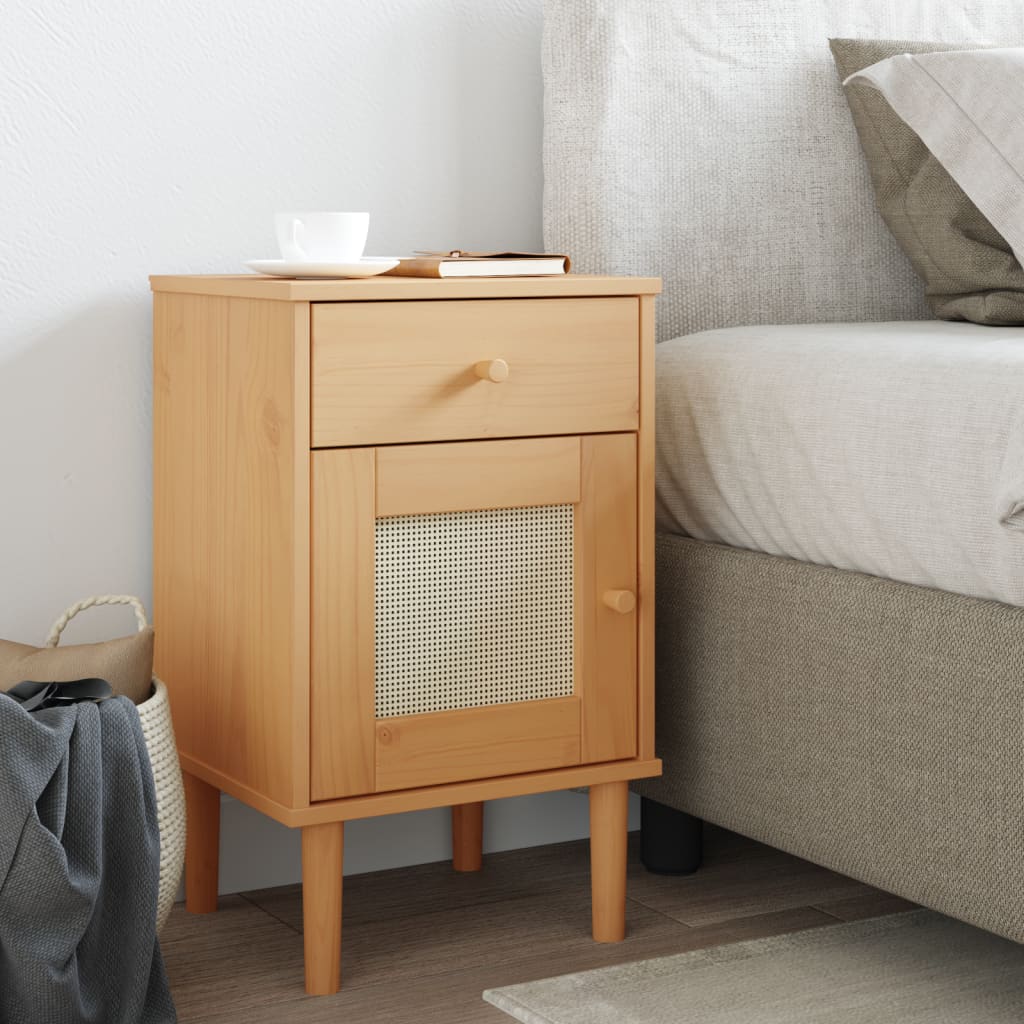 Bedside Cabinet SENJA Rattan Look White 15.7"x13.8"x25.6" Solid Wood Pine