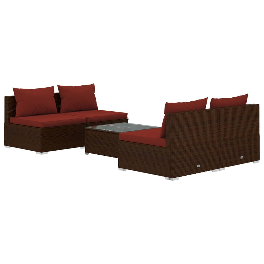 5 Piece Patio Lounge Set with Cushions Poly Rattan Brown