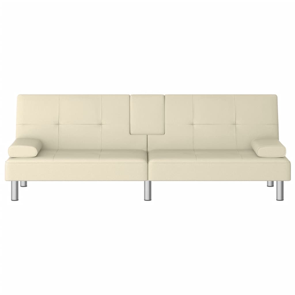 Sofa Bed with Cup Holders Cream Faux Leather