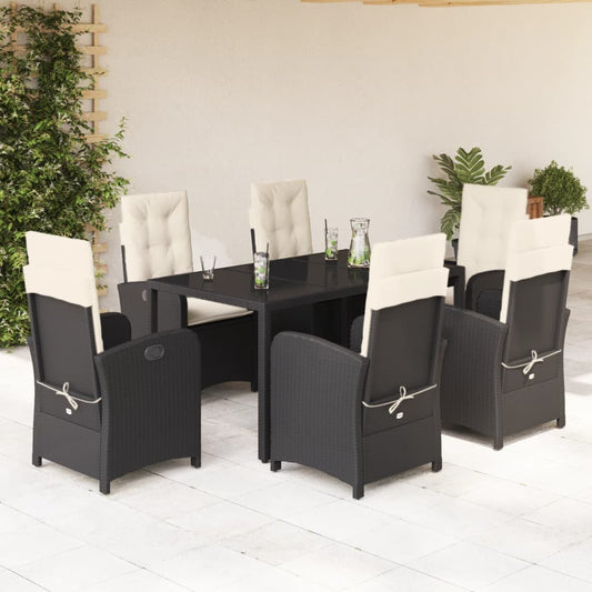 7 Piece Patio Dining Set with Cushions Black Poly Rattan