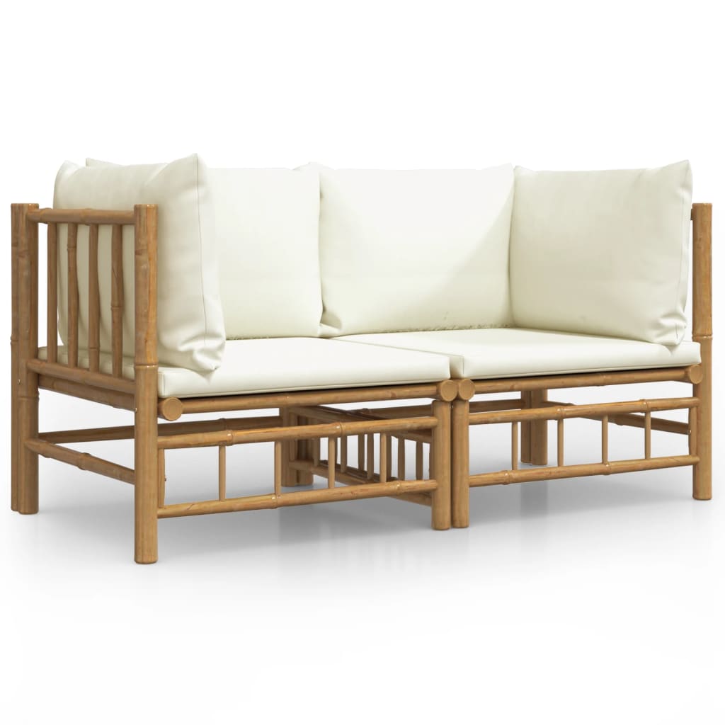 Patio Corner Sofas with Cream White Cushions 2 pcs Bamboo