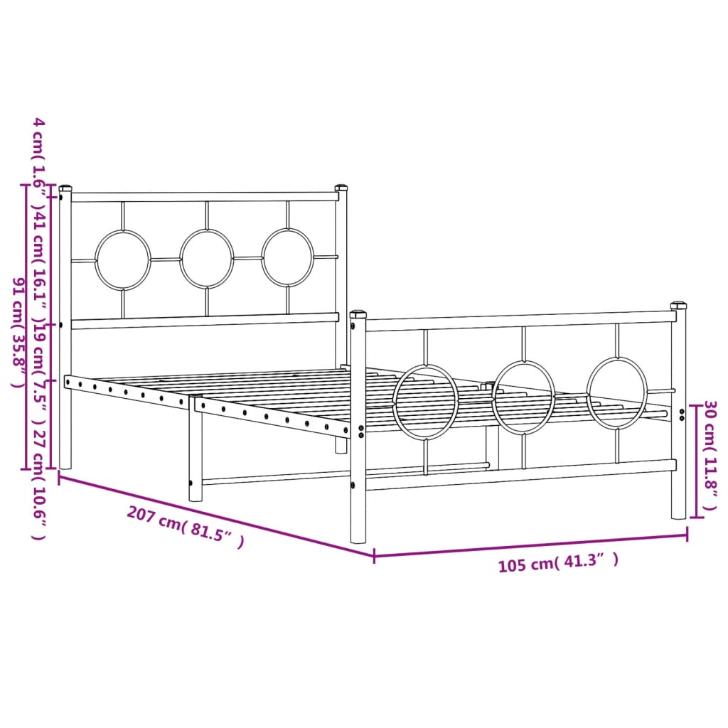 Metal Bed Frame without Mattress with Footboard White 39.4"x78.7"