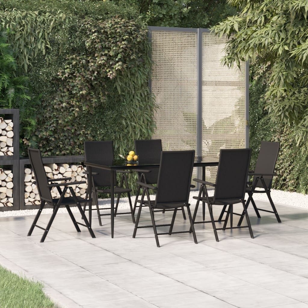 7 Piece Patio Dining Set Black Poly Rattan