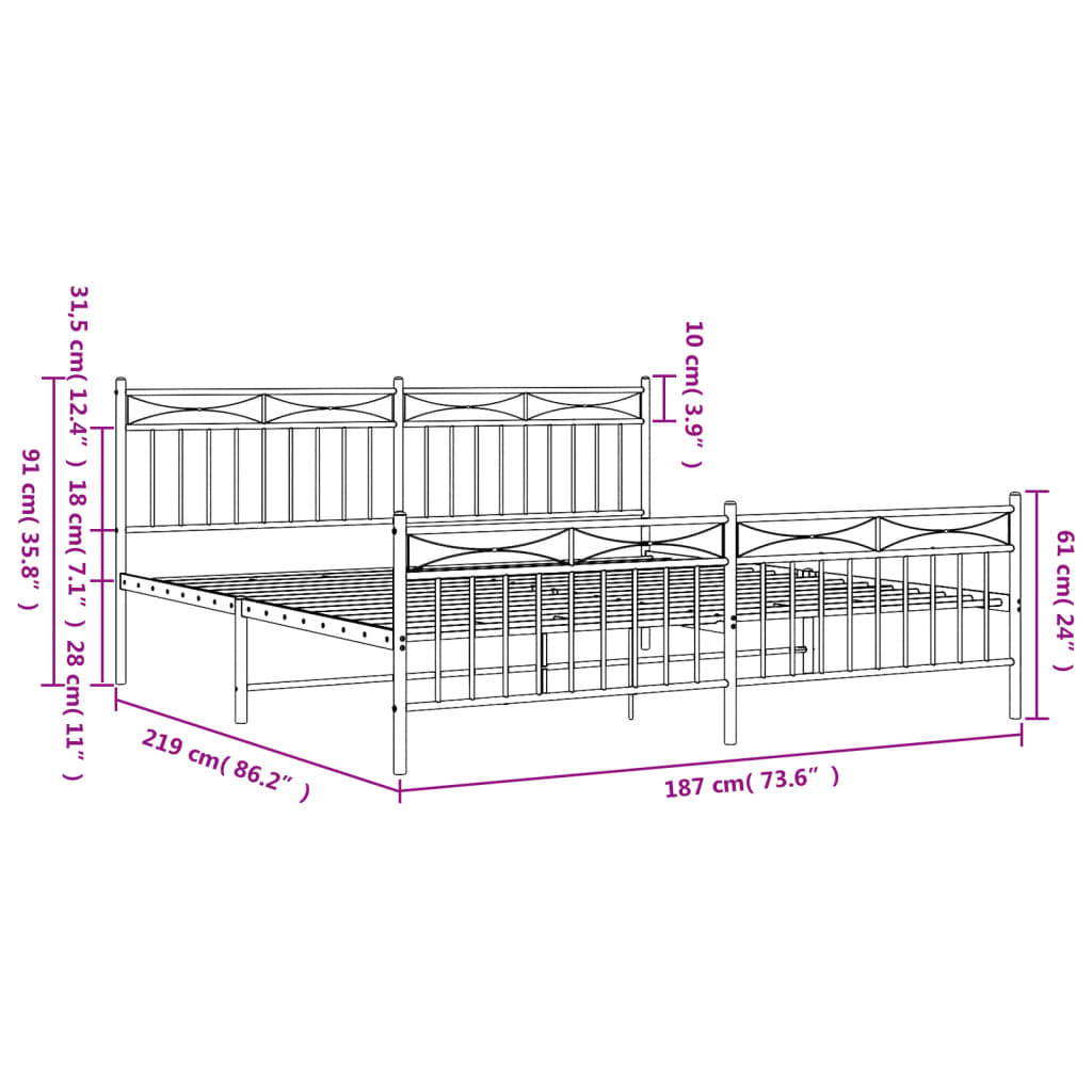 Metal Bed Frame without Mattress with Footboard Black 72"x83.9"