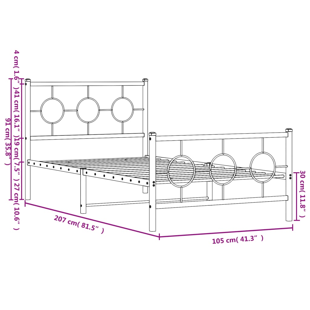 Metal Bed Frame without Mattress with Footboard Black 39.4"x78.7"