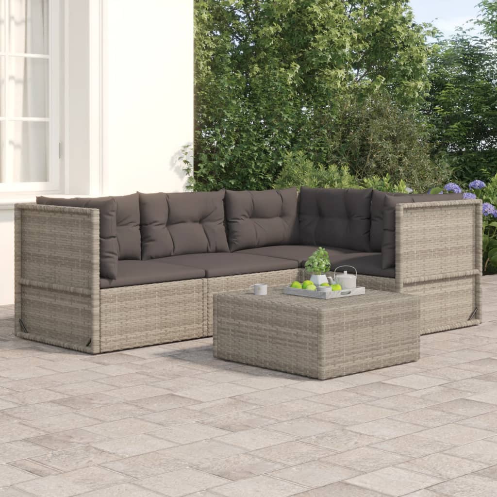 4 Piece Patio Lounge Set with Cushions Gray Poly Rattan