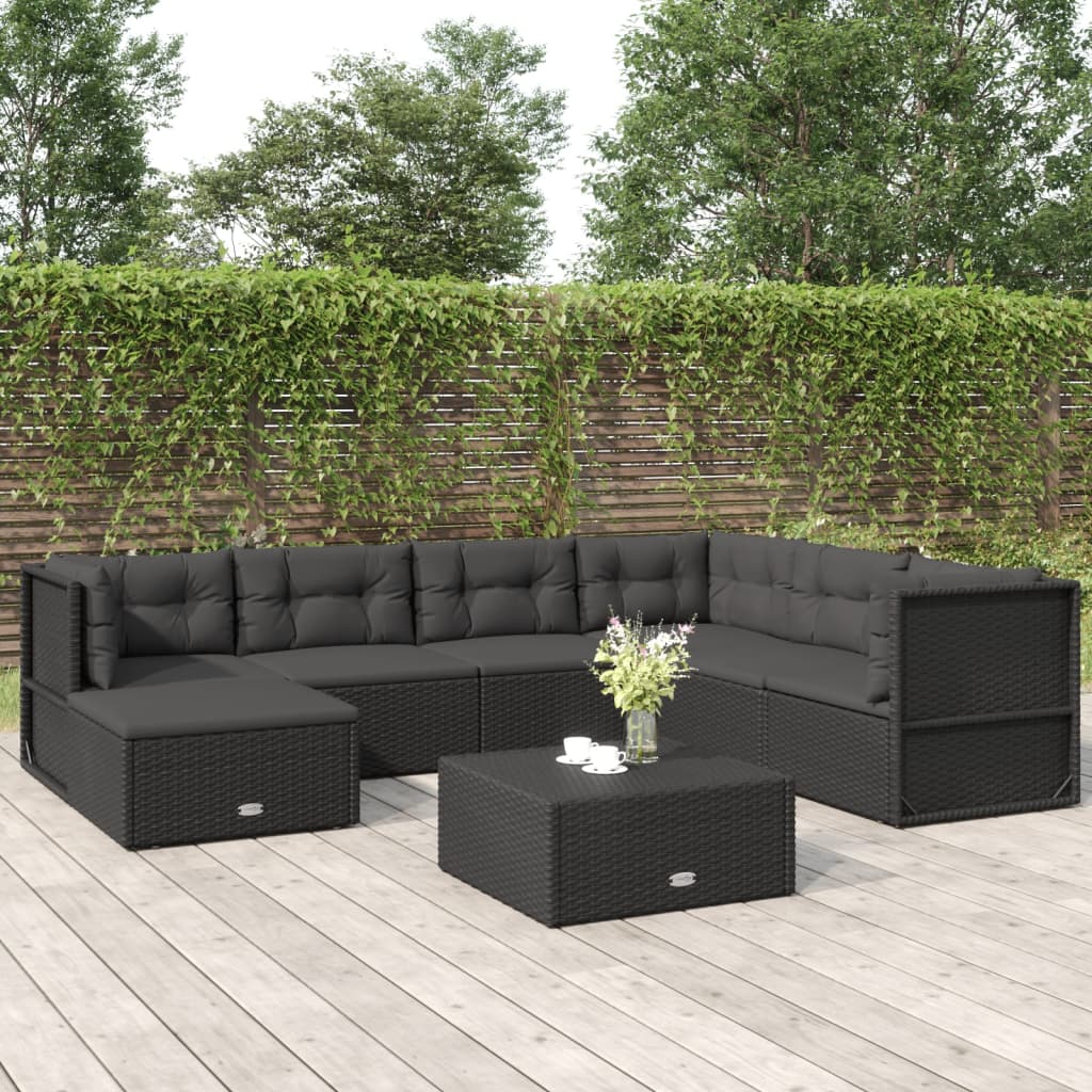 7 Piece Patio Lounge Set with Cushions Black Poly Rattan