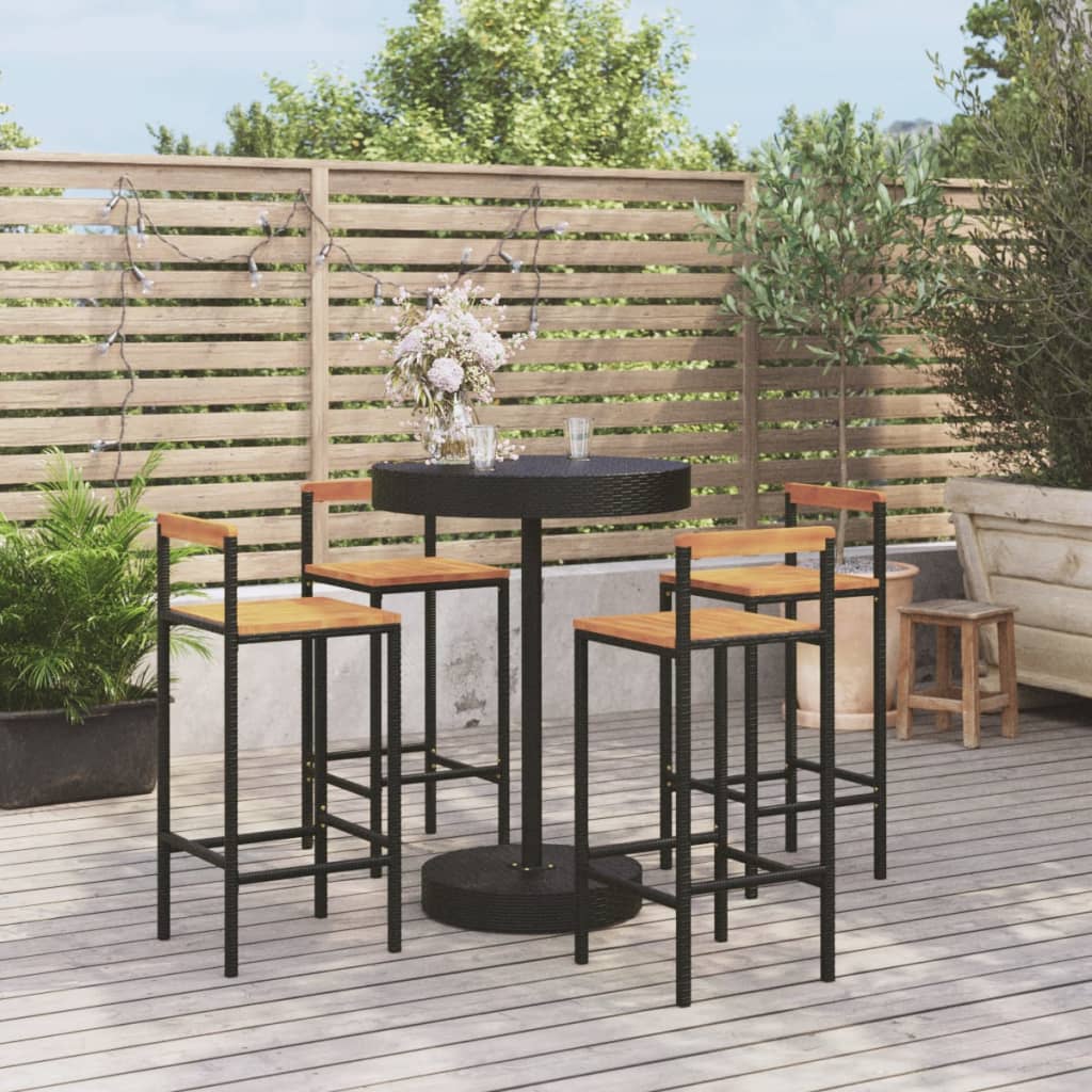 5 Piece Patio Bar Set Black Poly Rattan&Solid Wood Acacia