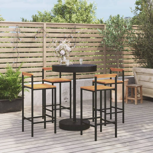 5 Piece Patio Bar Set Black Poly Rattan&Solid Wood Acacia