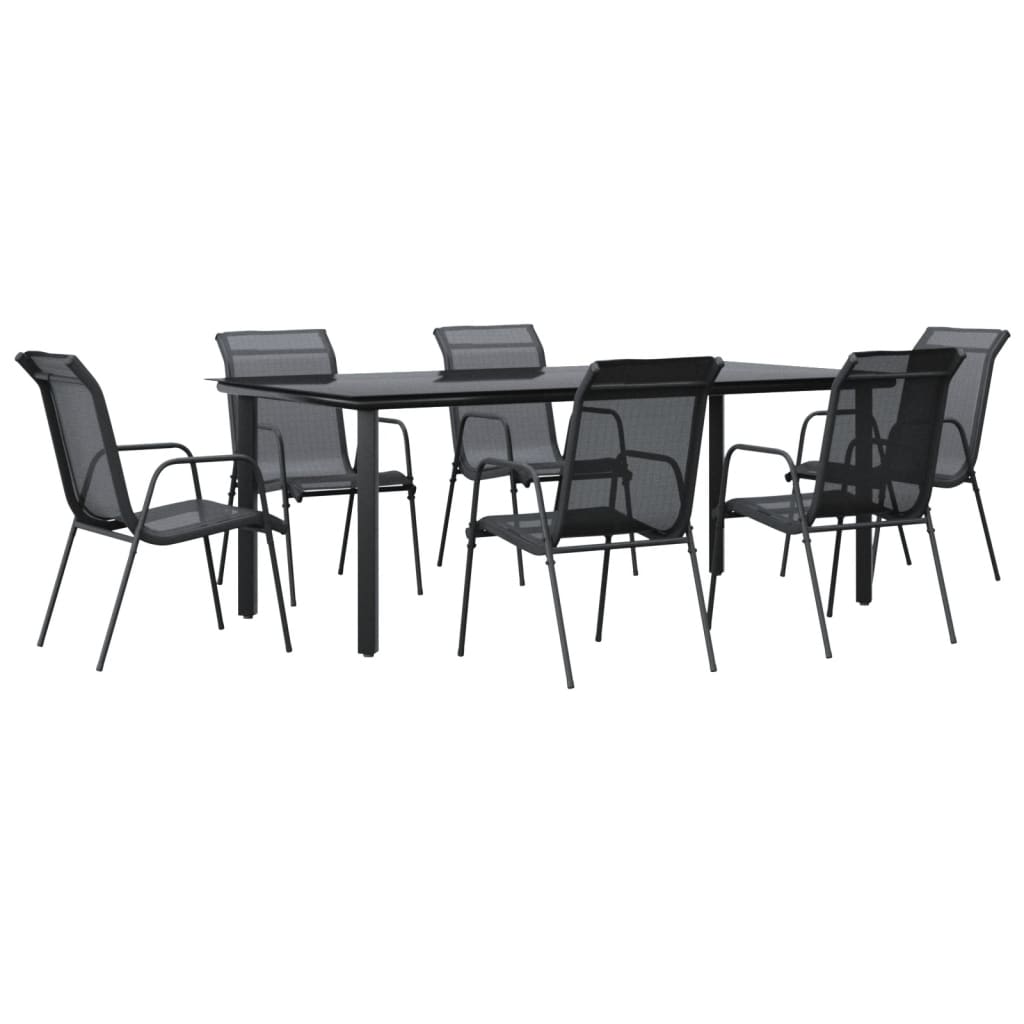 7 Piece Patio Dining Set Black Steel and Textilene