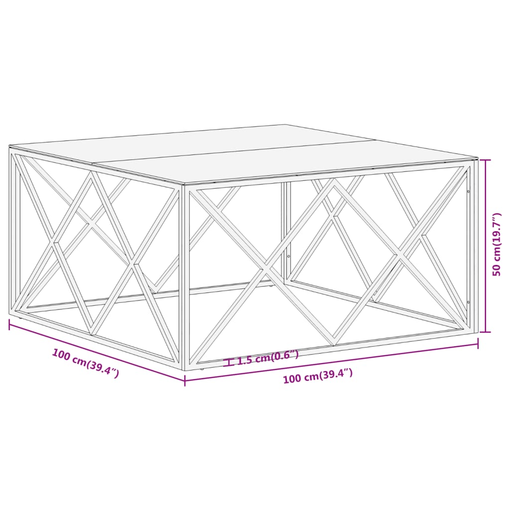 Coffee Table Silver Stainless Steel and Tempered Glass