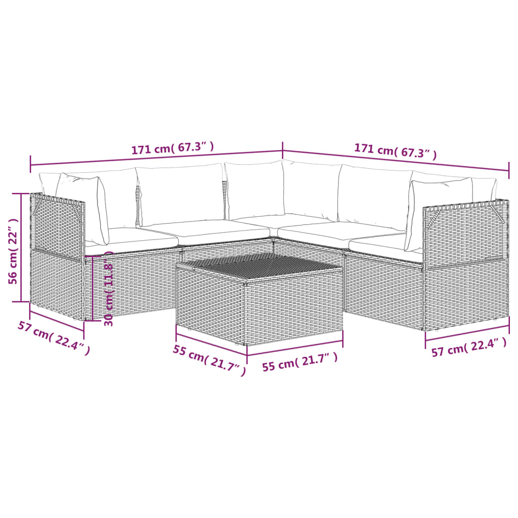 6 Piece Patio Lounge Set with Cushions Gray Poly Rattan