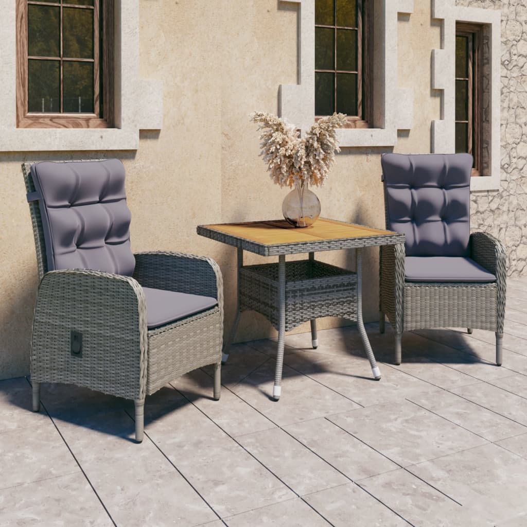 3 Piece Patio Dining Set Poly Rattan and Acacia Wood Gray