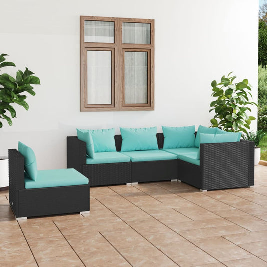 5 Piece Patio Lounge Set with Cushions Poly Rattan Black