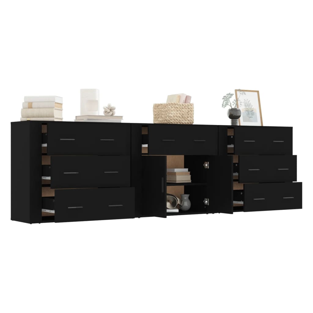 Sideboards 3 pcs Black Engineered Wood