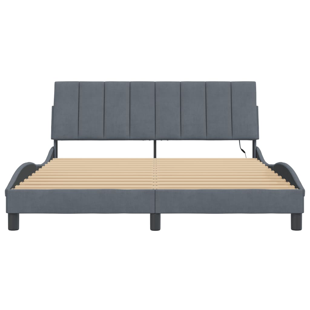 Bed Frame with LED without Mattress Dark Gray 59.8"x79.9" Velvet