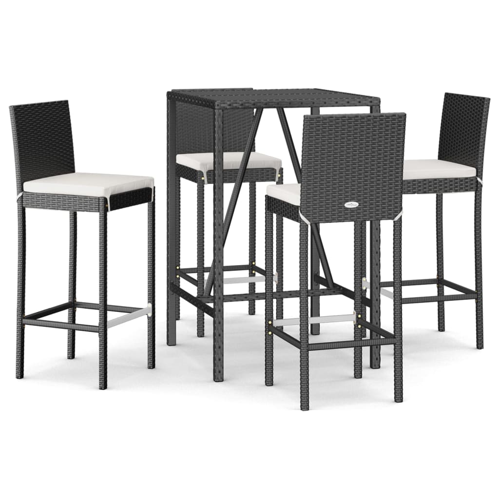 5 Piece Patio Bar Set with Cushions Black Poly Rattan