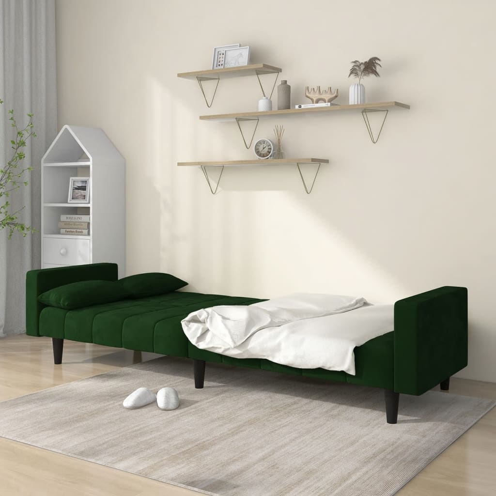 2-Seater Sofa Bed with Two Pillows Dark Green Velvet