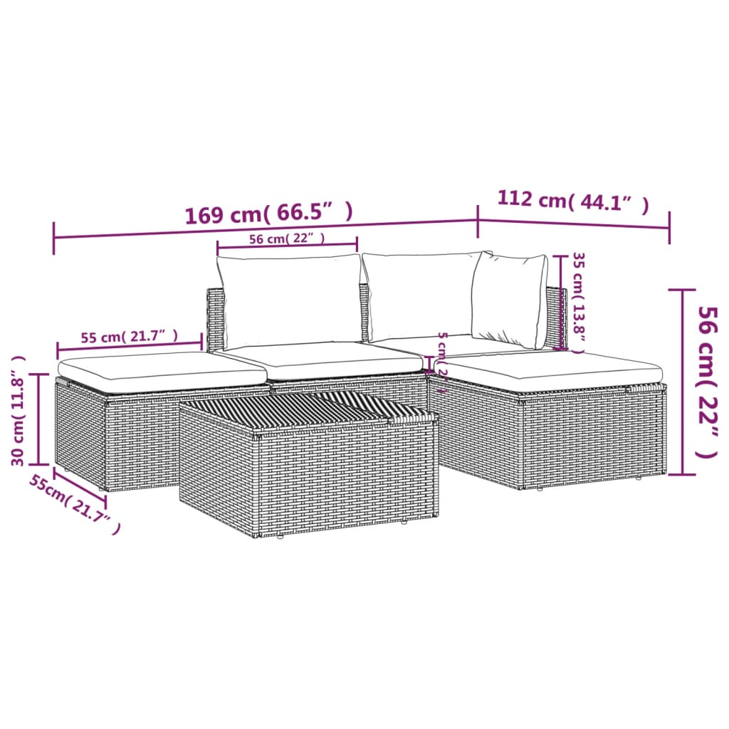 5 Piece Patio Lounge Set with Cushions Gray Poly Rattan