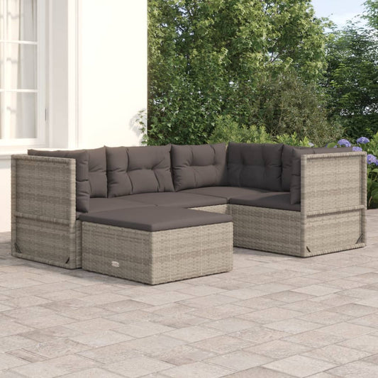 5 Piece Patio Lounge Set with Cushions Gray Poly Rattan