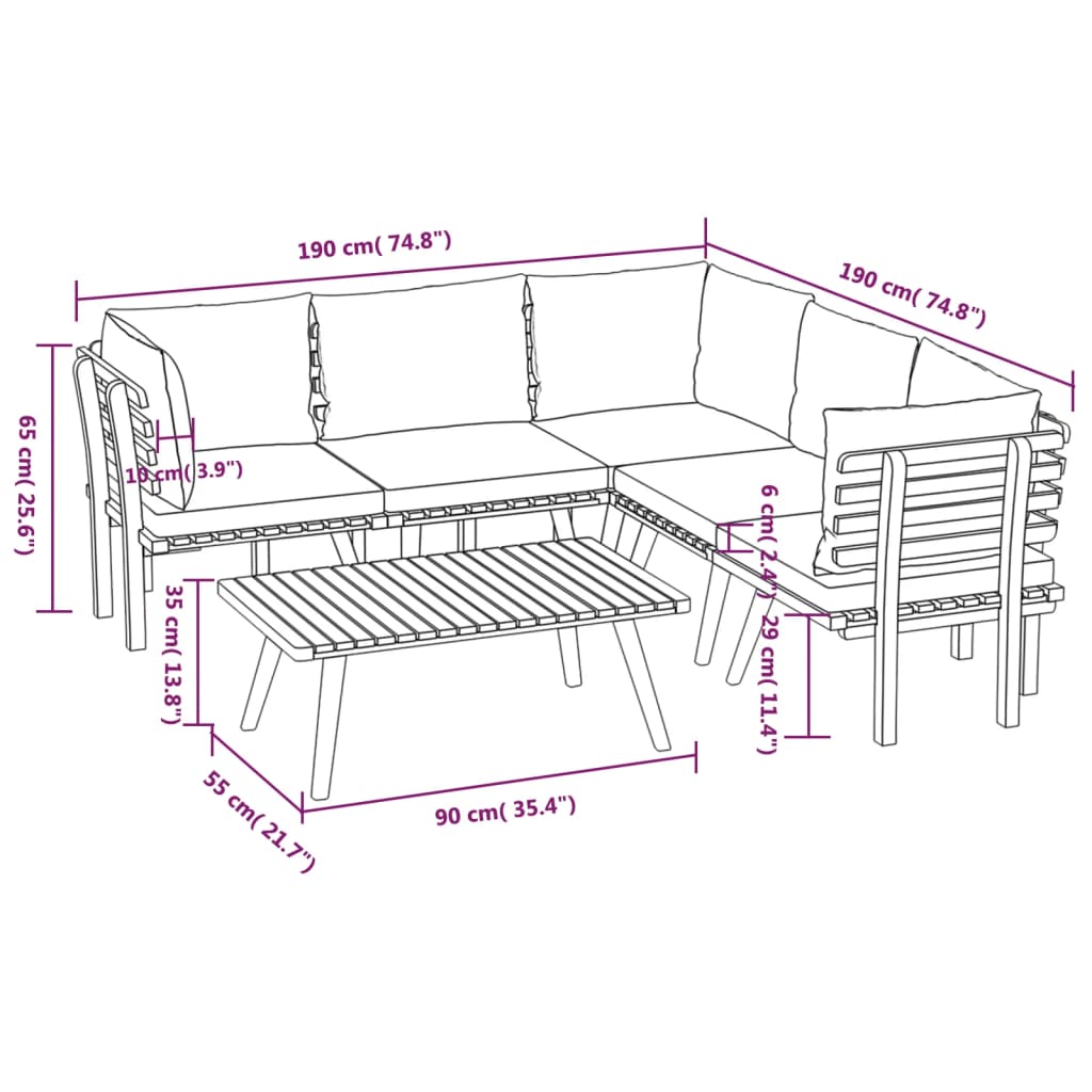 6 Piece Patio Lounge Set with Cushions Solid Acacia Wood