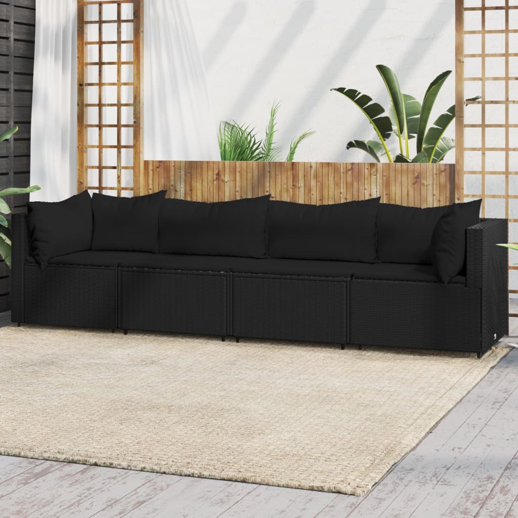 4 Piece Patio Lounge Set with Cushions Black Poly Rattan