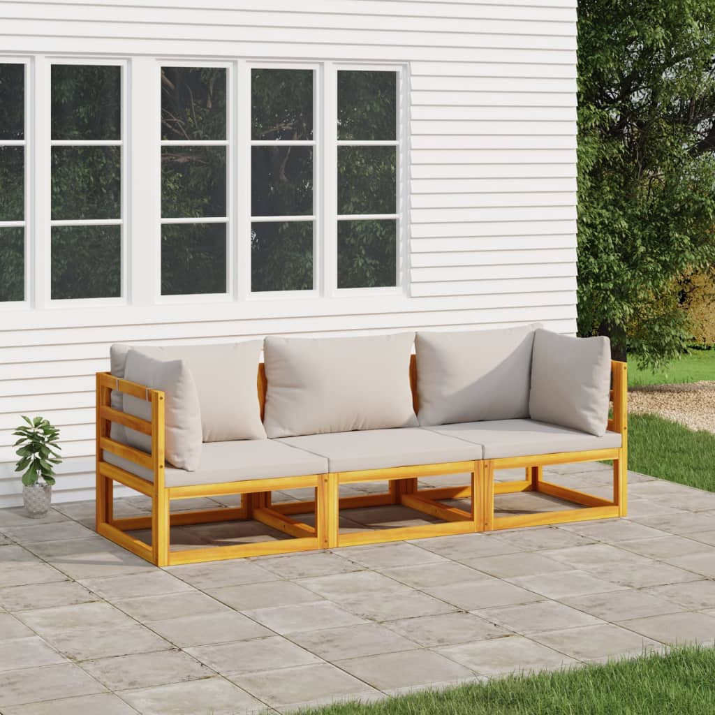 3 Piece Patio Lounge Set with Light Gray Cushions Solid Wood