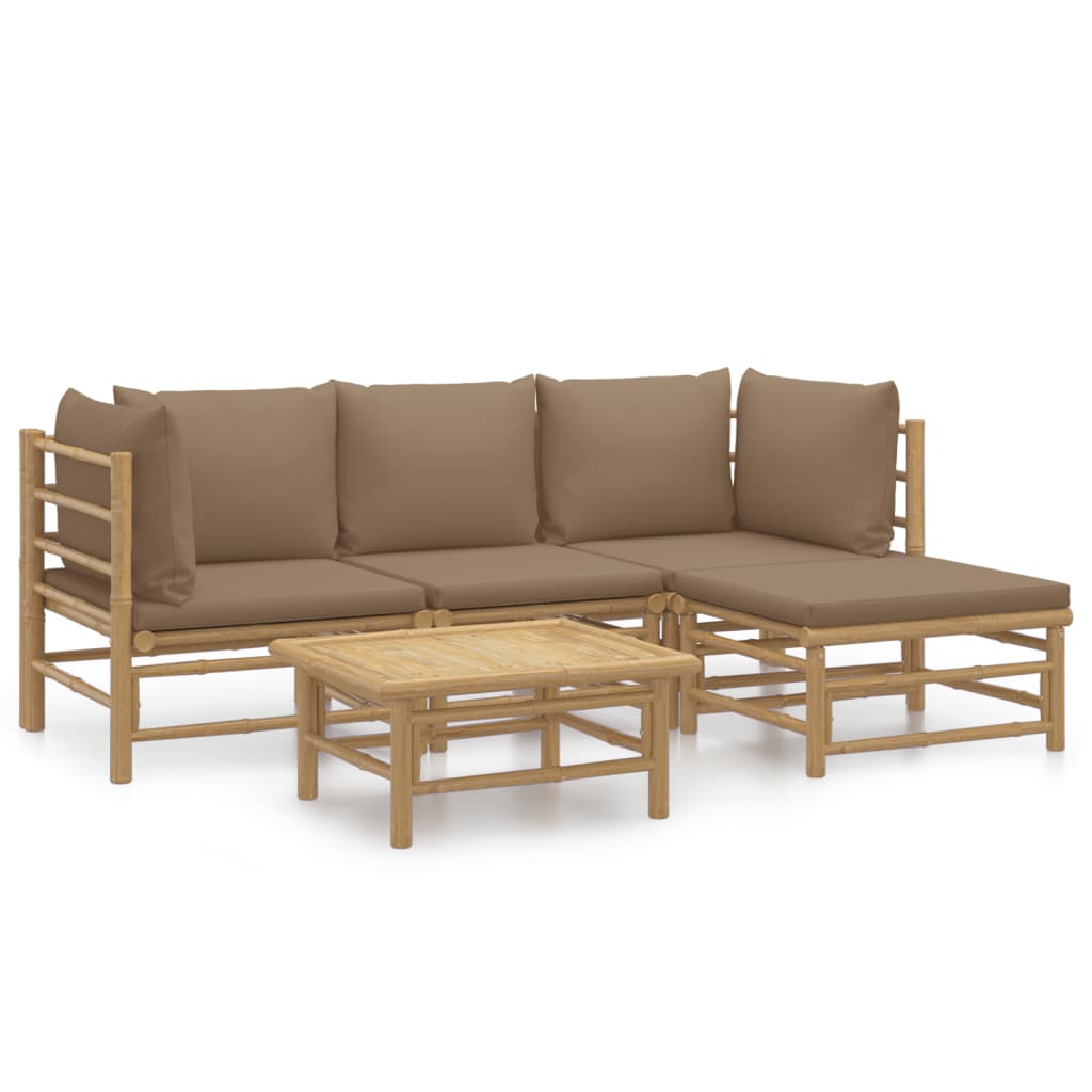 5 Piece Patio Lounge Set with Taupe Cushions Bamboo