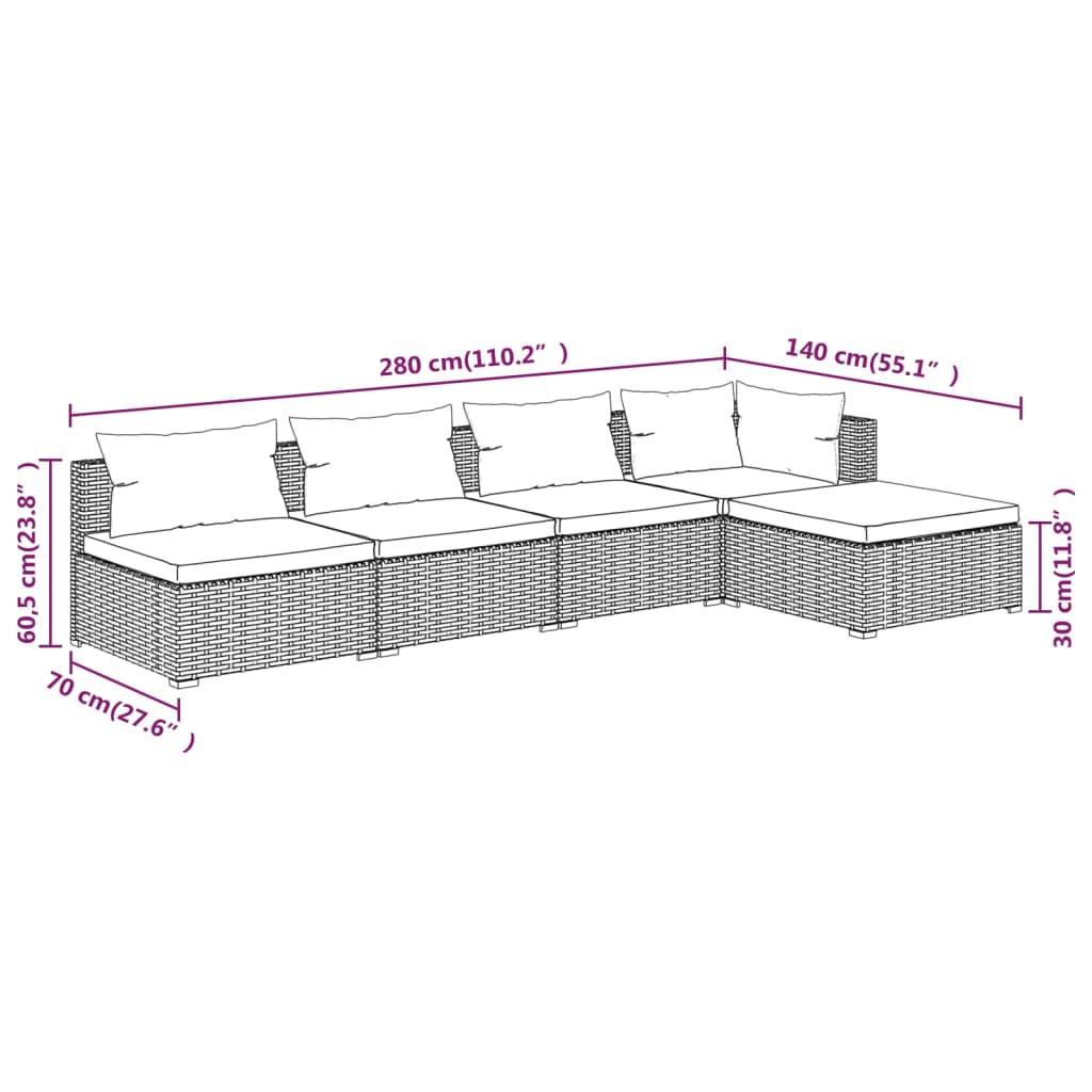 5 Piece Garden Lounge Set with Cushions Poly Rattan Gray