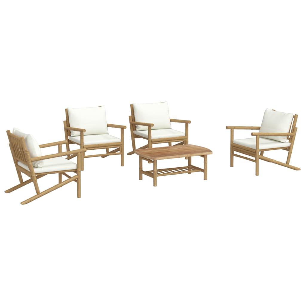 5 Piece Patio Lounge Set with Cream White Cushions Bamboo