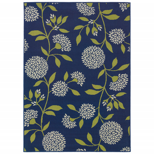 2' X 4' Blue and Green Floral Stain Resistant Indoor Outdoor Area Rug