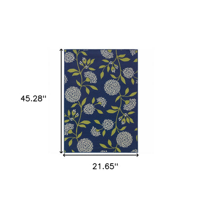 2' X 4' Blue and Green Floral Stain Resistant Indoor Outdoor Area Rug