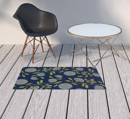 2' X 4' Blue and Green Floral Stain Resistant Indoor Outdoor Area Rug