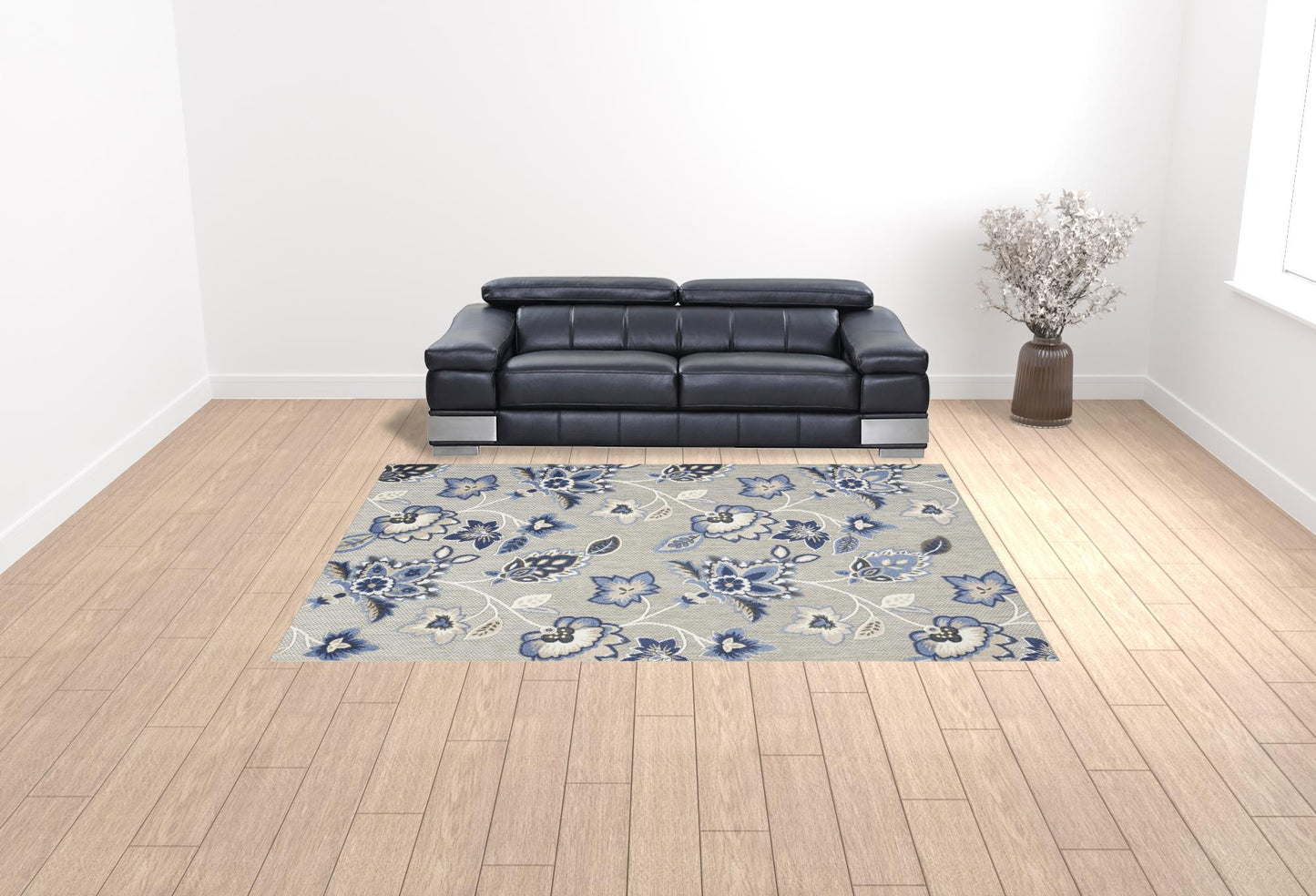 9' X 12' Blue And Grey Floral Stain Resistant Non Skid Area Rug