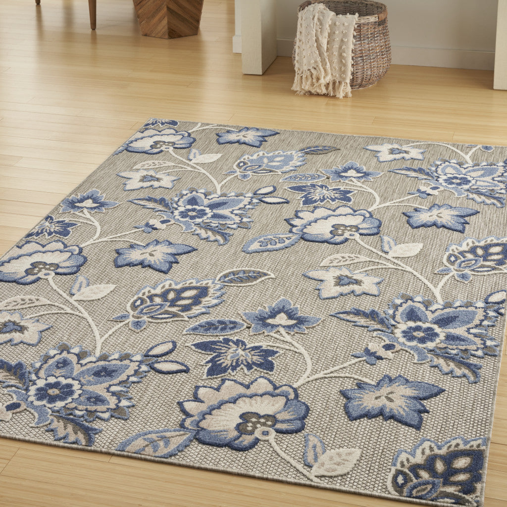 9' X 12' Blue And Grey Floral Stain Resistant Non Skid Area Rug