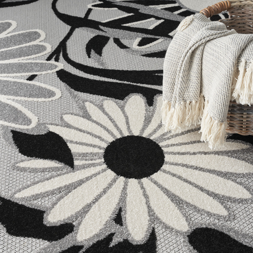 9' X 12' Black And White Floral Stain Resistant Non Skid Area Rug