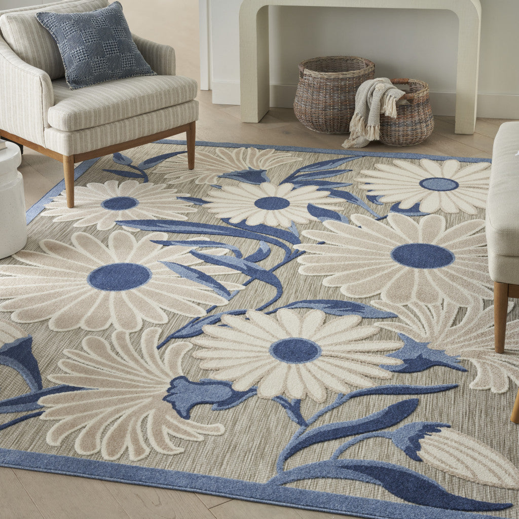 9' X 12' Blue And Grey Floral Stain Resistant Non Skid Area Rug