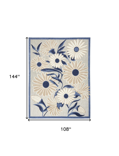 9' X 12' Blue And Grey Floral Stain Resistant Non Skid Area Rug