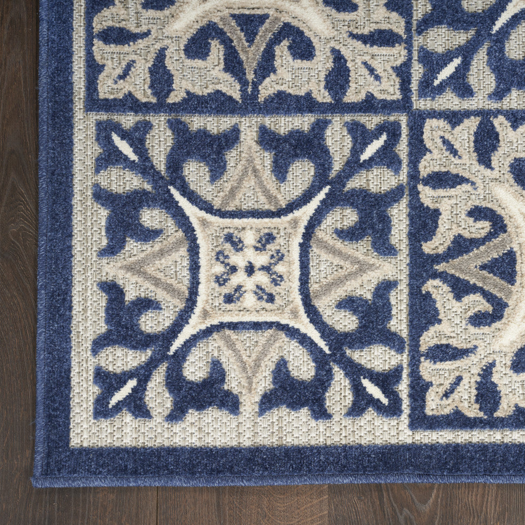 9' X 12' Blue Fleur De Lis Stain Resistant Non Skid Area Rug