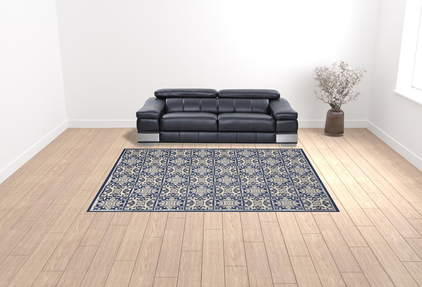 9' X 12' Blue Fleur De Lis Stain Resistant Non Skid Area Rug