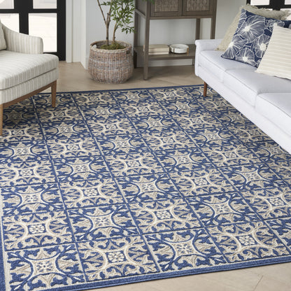 9' X 12' Blue Fleur De Lis Stain Resistant Non Skid Area Rug