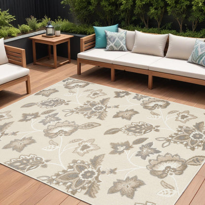 7' X 10' Beige Floral Stain Resistant Non Skid Area Rug