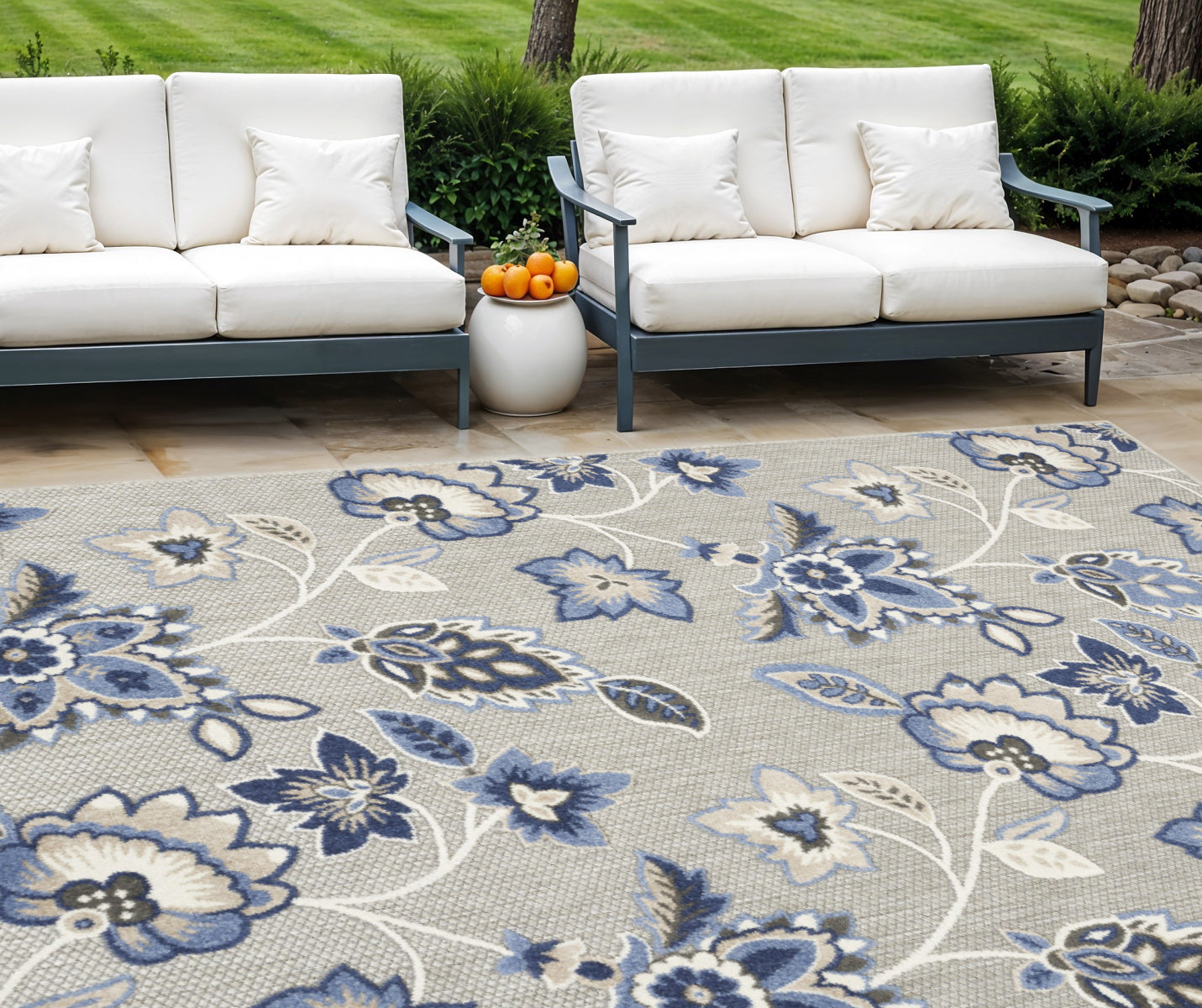 8' X 11' Blue And Grey Floral Stain Resistant Non Skid Area Rug