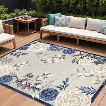 8' X 11' Blue And Grey Floral Stain Resistant Non Skid Area Rug