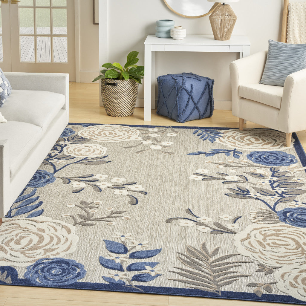 8' X 11' Blue And Grey Floral Stain Resistant Non Skid Area Rug