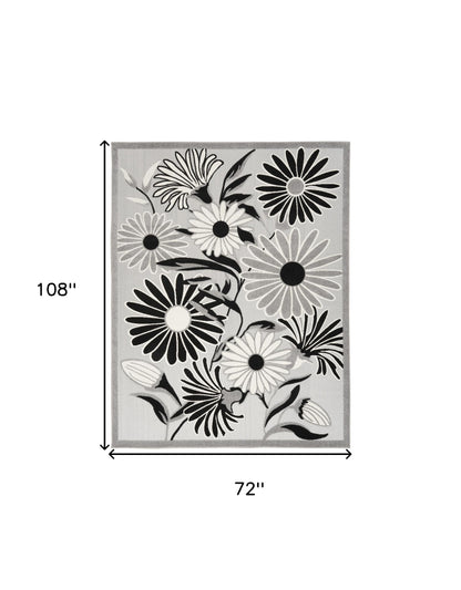 6' X 9' Black And White Floral Stain Resistant Non Skid Area Rug